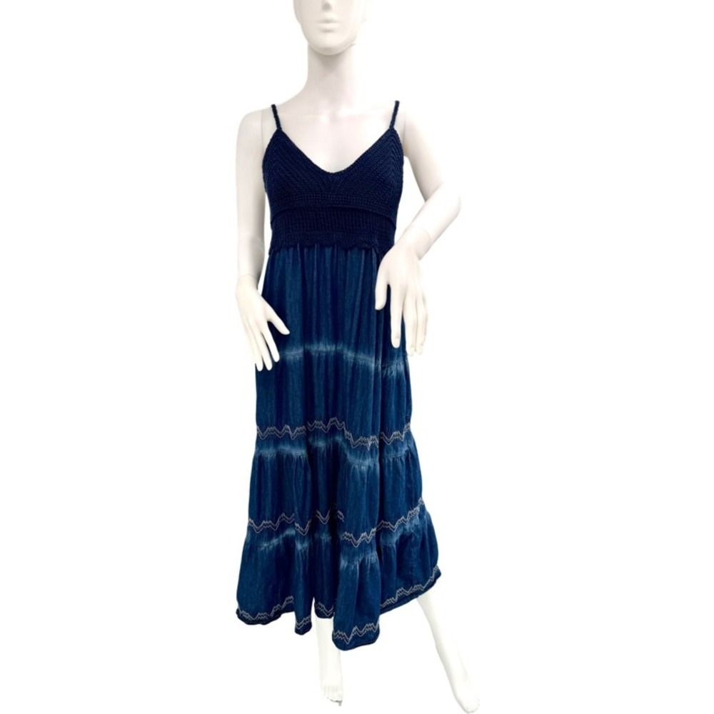 LAPIS ANTHROPOLOGIE Medium Blue Crochet Denim Tiered Maxi Dress Boho Embroidered